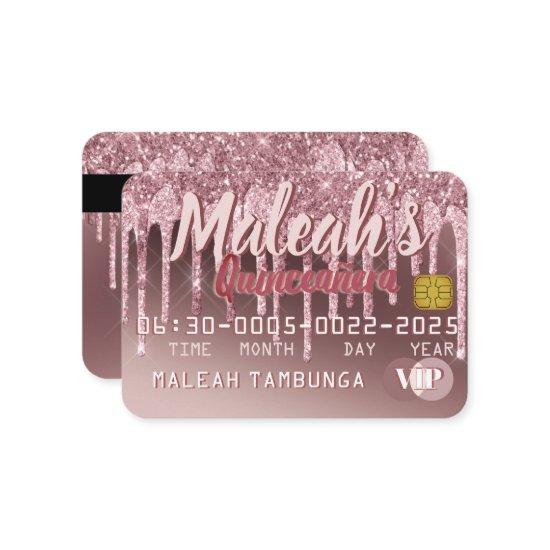 Quinceañera Dark Rose Gold & Pink Glitter Drip Note Card