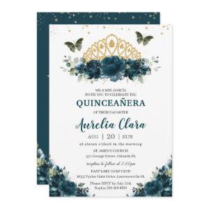 Quinceañera Dark Teal Floral Butterflies Crown
