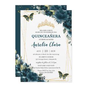 Quinceañera Dark Teal Peacock Floral Butterflies