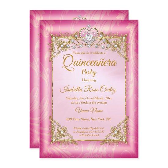 Quinceanera deep Pink Damask photo Gold Tiara