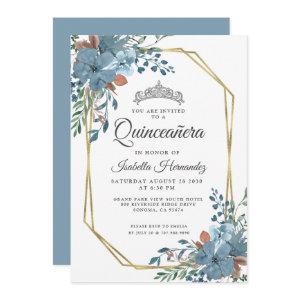 Quinceanera Dusty Blue Floral Gold Frame