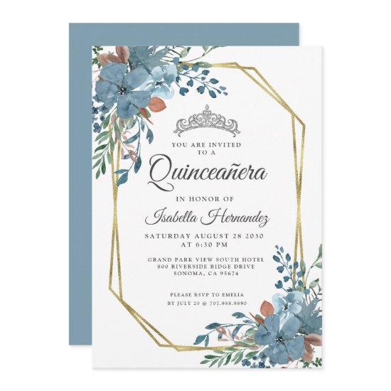 Quinceanera Dusty Blue Floral Gold Frame