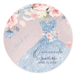Quinceanera Dusty Blue Glitter Gown Blush Roses  C Classic Round Sticker