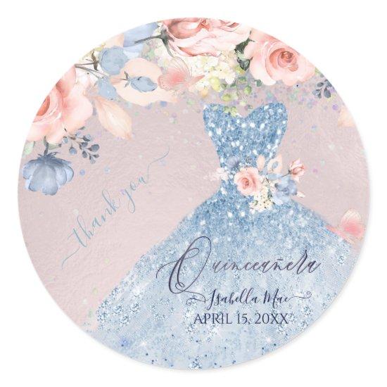 Quinceanera Dusty Blue Glitter Gown Blush Roses  C Classic Round Sticker