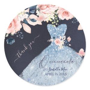 Quinceanera Dusty Blue Glitter Gown Blush Roses  Classic Round Sticker