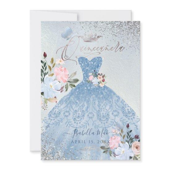 Quinceanera Dusty Blue Glitter Gown Butterflies