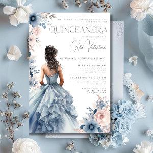 Quinceañera Dusty Blue Gown Pink Floral Brunette