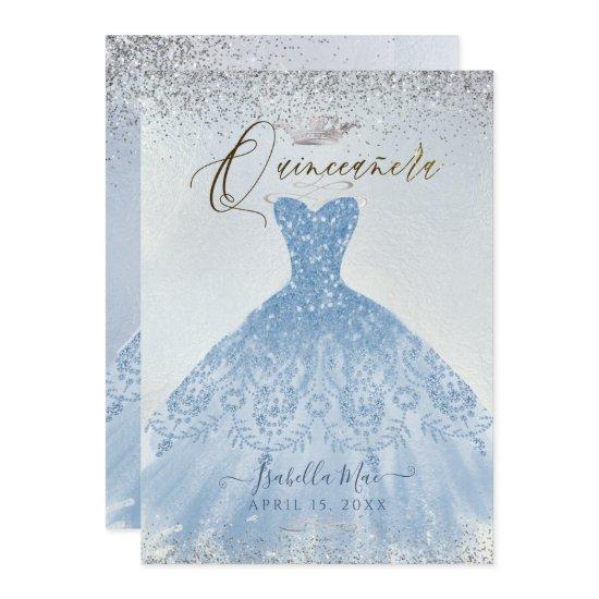 Quinceanera Dusty Blue+Silver Glitter Gown