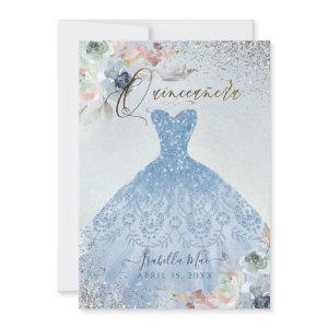 Quinceanera Dusty Blue Silver Glitter Gown Roses