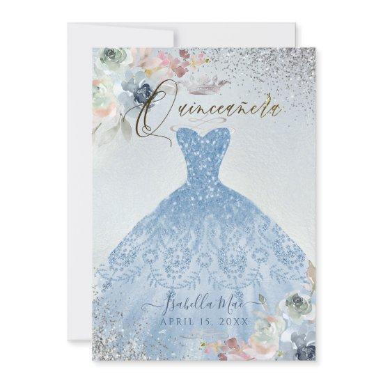 Quinceanera Dusty Blue Silver Glitter Gown Roses