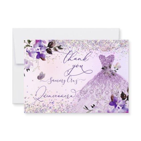 Quinceanera Dusty Lilac Purple Silver Glitter Gown Thank You Card