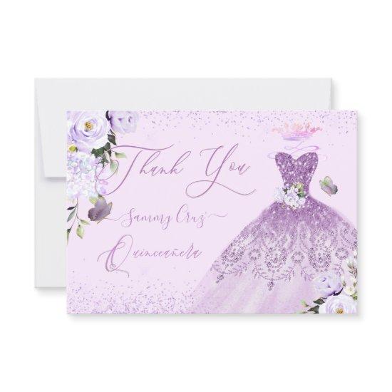Quinceanera Dusty Lilac Purple Silver Glitter Gown Thank You Card