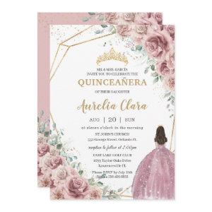Quinceañera Dusty Rose Floral Princess Gown Gold
