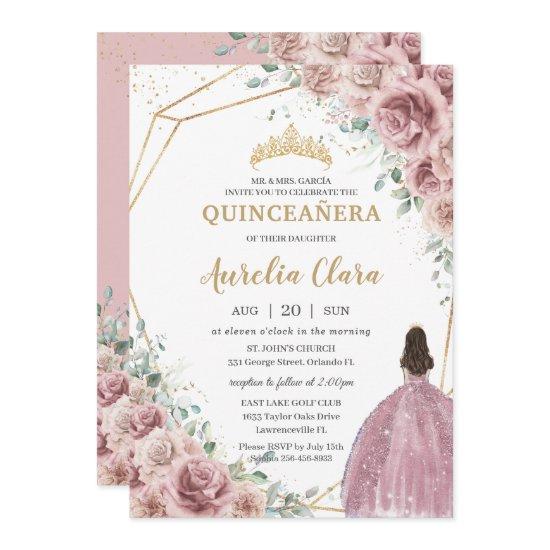 Quinceañera Dusty Rose Floral Princess Gown Gold