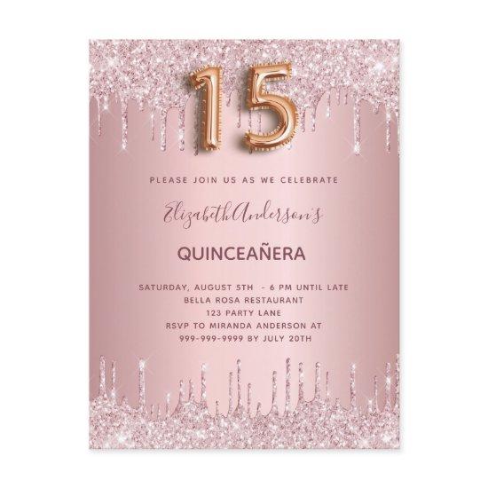 Quinceanera dusty rose glitter drips pink luxury  postcard