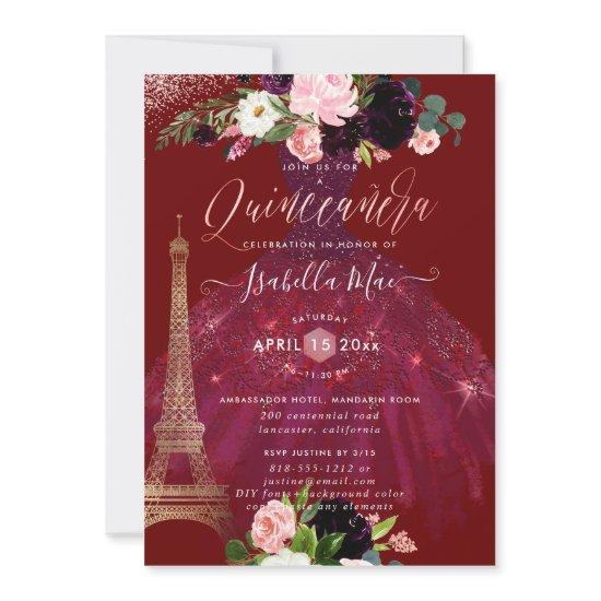Quinceanera Eiffel Tower, Blush Burgundy Flowers