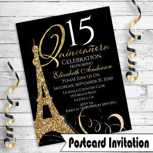 Quinceanera Eiffel Tower Gold 15th Birthday Invite