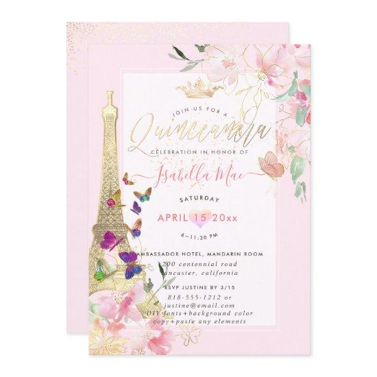 Quinceanera Eiffel Tower,  Watercolor Butterflies