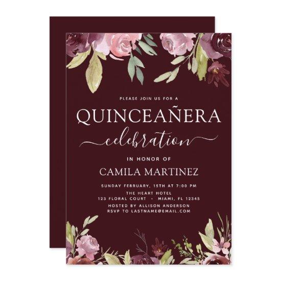 Quinceanera Elegant Burgundy Blush Pink Floral