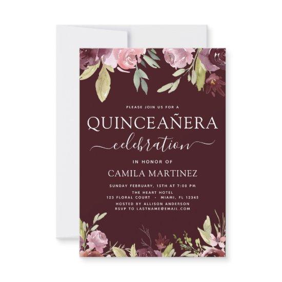 Quinceanera Elegant Burgundy Blush Pink Floral