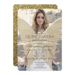 Quinceanera Elegant Butterfly Gold Glitter Photo
