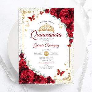 Quinceanera Elegant Chic Red Roses Gold