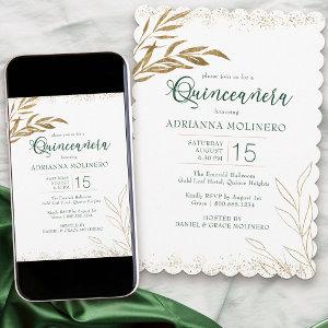 Quinceanera Elegant Emerald Green and Gold Leaf