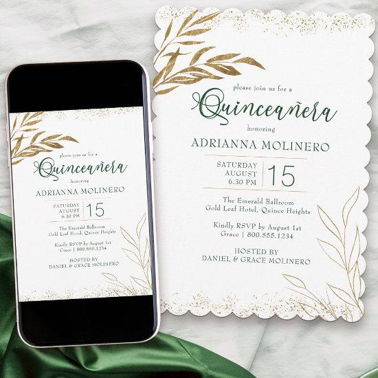 Quinceanera Elegant Emerald Green and Gold Leaf