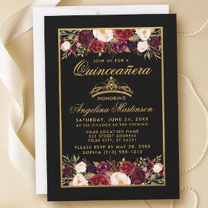 Quinceanera Elegant Floral Gold Frame Crown Black