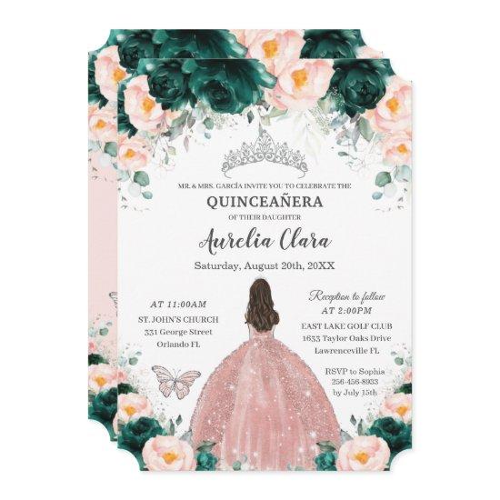 Quinceañera Emerald Blush Floral Princess Silver