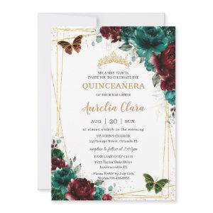 Quinceanera Emerald Burgundy Floral Butterflies
