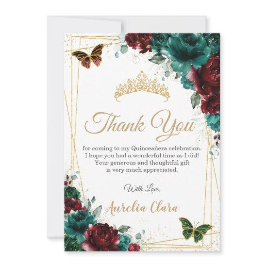 Quinceanera Emerald Burgundy Floral Thank You Card