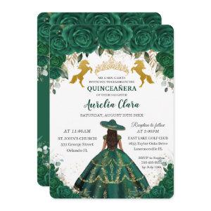 Quinceañera Emerald Floral Princess Gold Horses In