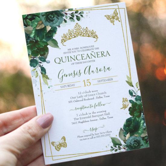 Quinceañera Emerald Forest Green Gold Butterfly