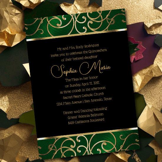 Quinceañera Emerald Green and Gold Filigree Swirls