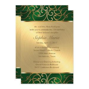 Quinceanera Emerald Green and Gold Filigree Swirls