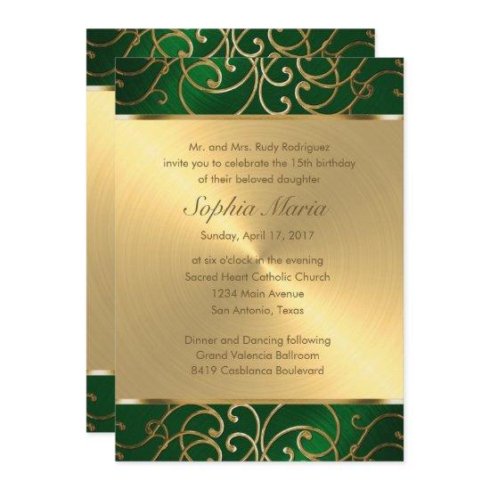 Quinceanera Emerald Green and Gold Filigree Swirls