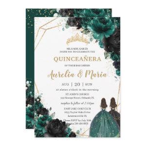 Quinceañera Emerald Green Black Floral Roses Twins