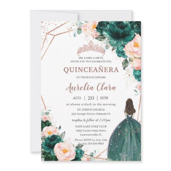 Quinceañera Emerald Green Blush Floral Rose Gold