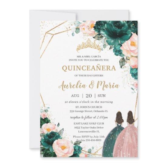 Quinceañera Emerald Green Blush Floral Twins