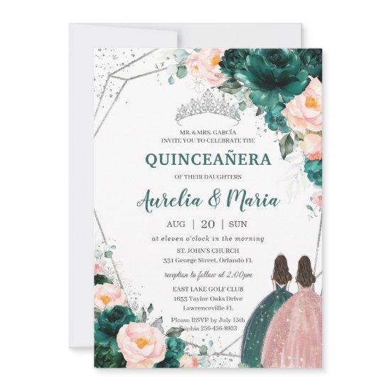 Quinceañera Emerald Green Blush Floral Twins