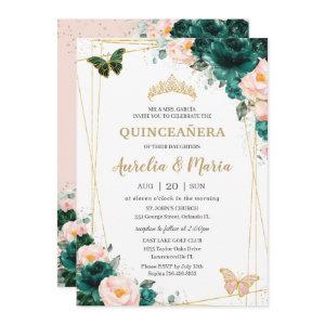 Quinceañera Emerald Green Blush Floral Twins
