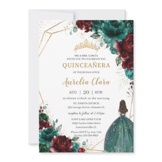 Quinceañera Emerald Green Burgundy Floral Gold