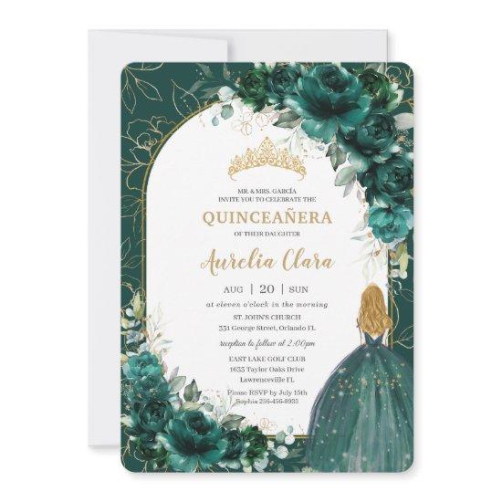 Quinceañera Emerald Green Floral Blonde Princess