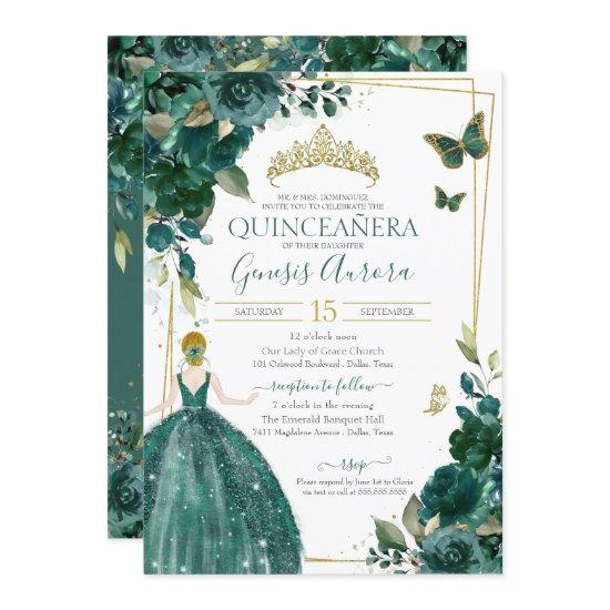 Quinceañera Emerald Green Floral Butterflies Dress