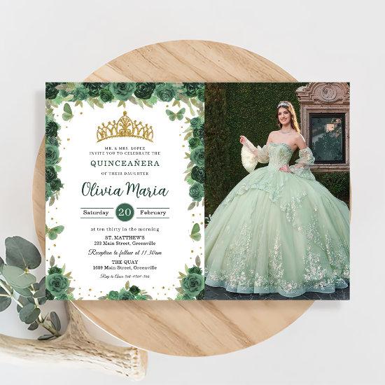 Quinceañera Emerald Green Floral Butterflies Photo