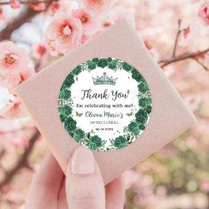 Quinceañera Emerald Green Floral Butterflies Tiara Classic Round Sticker