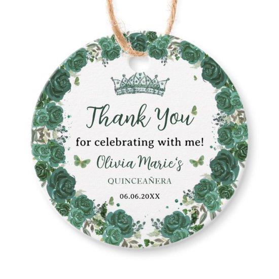 Quinceañera Emerald Green Floral Butterflies Tiara Favor Tags