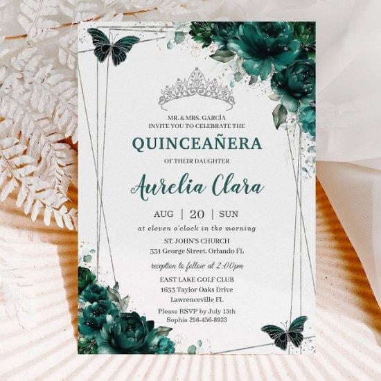 Quinceañera Emerald Green Floral Butterflies Tiara