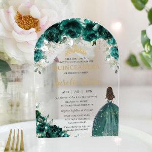Quinceañera Emerald Green Floral Dress Gold Arch Acrylic
